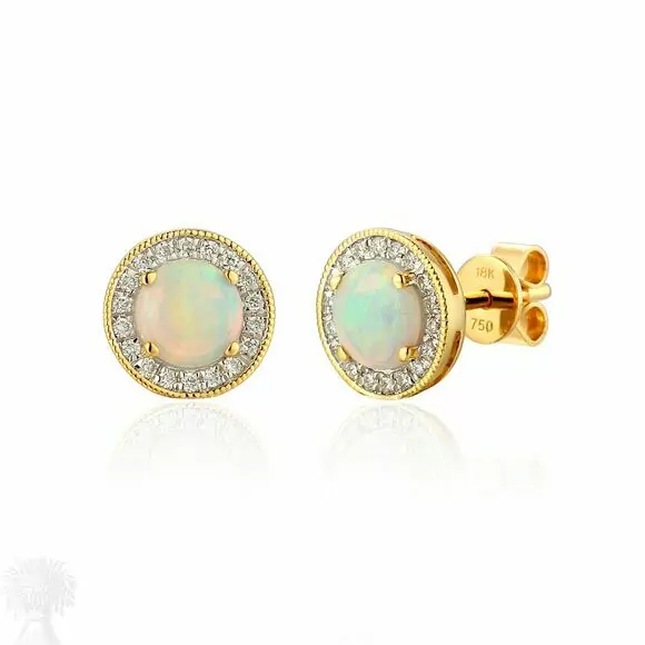 18ct Yellow Gold Opal & Diamond Cluster Stud Earrings